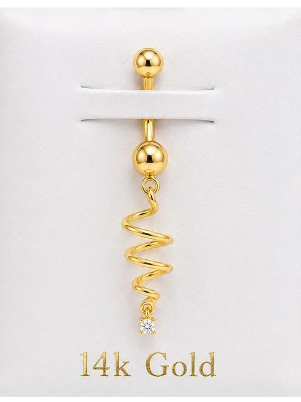 Created White Sapphire Spiral Solid 14k Yellow Gold Navel Belly Ring
